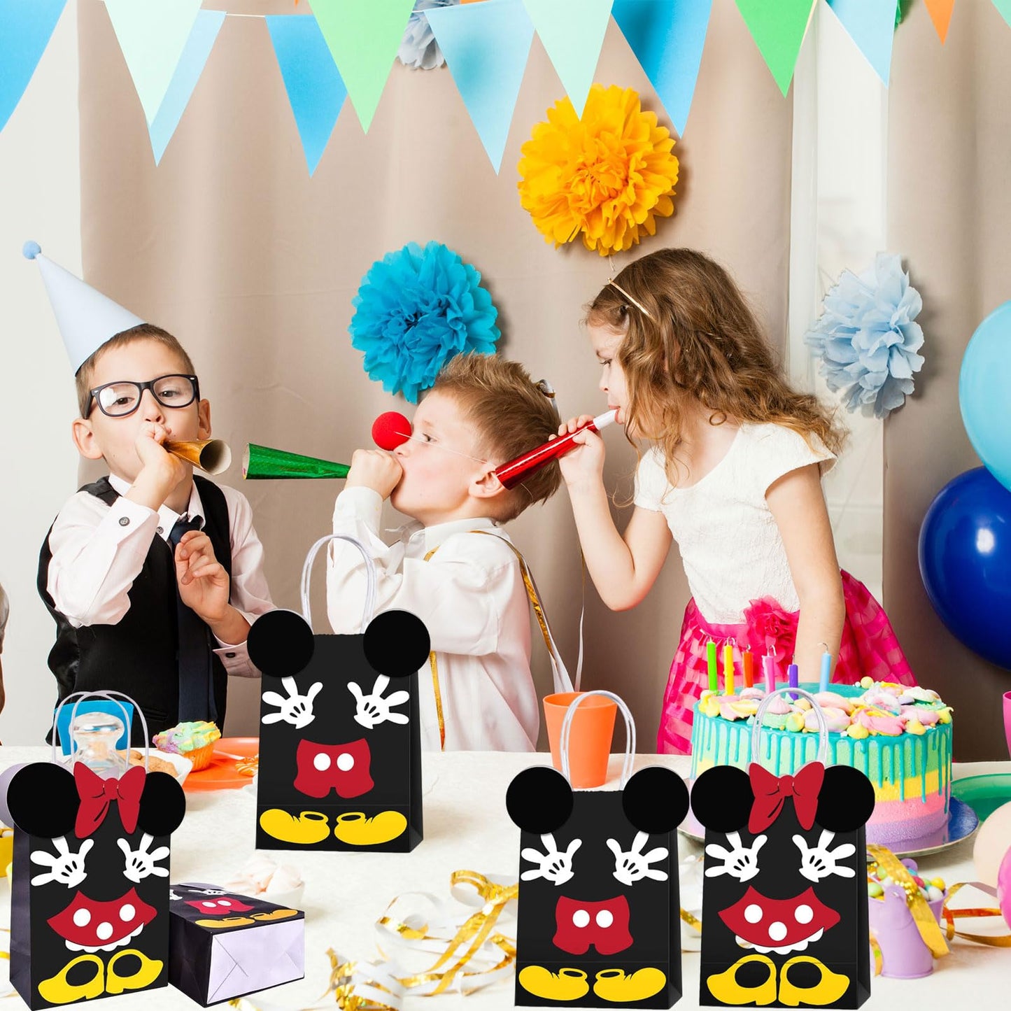 JAMNSY 12 Pcs Mouse Party Favor Bags, Cute Bow Paper Gift Bags with Handles, Cartoon Themed Candy Bags for Birthday Party Decorations & Treat Storage