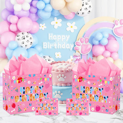 Cartoon Pink Dog Birthday Gift Bag with Wrapping Paper and Greeting Card Cute Hot Pink Dog Gift Wrap Paper Bags Large Cartoon Birthday Party Favor Bags Decorations for Girls Boys Party Supplies
