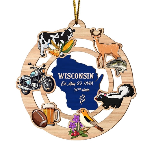 Christmas Decor Wisconsin State USA America 2D FLAT (NOT 3D) Wooden Ornaments for Christmas Tree Decorations 3.54 inches, Rear Mirror Hanging Car Accessories, Unique Gifts for Him Men Her Women
