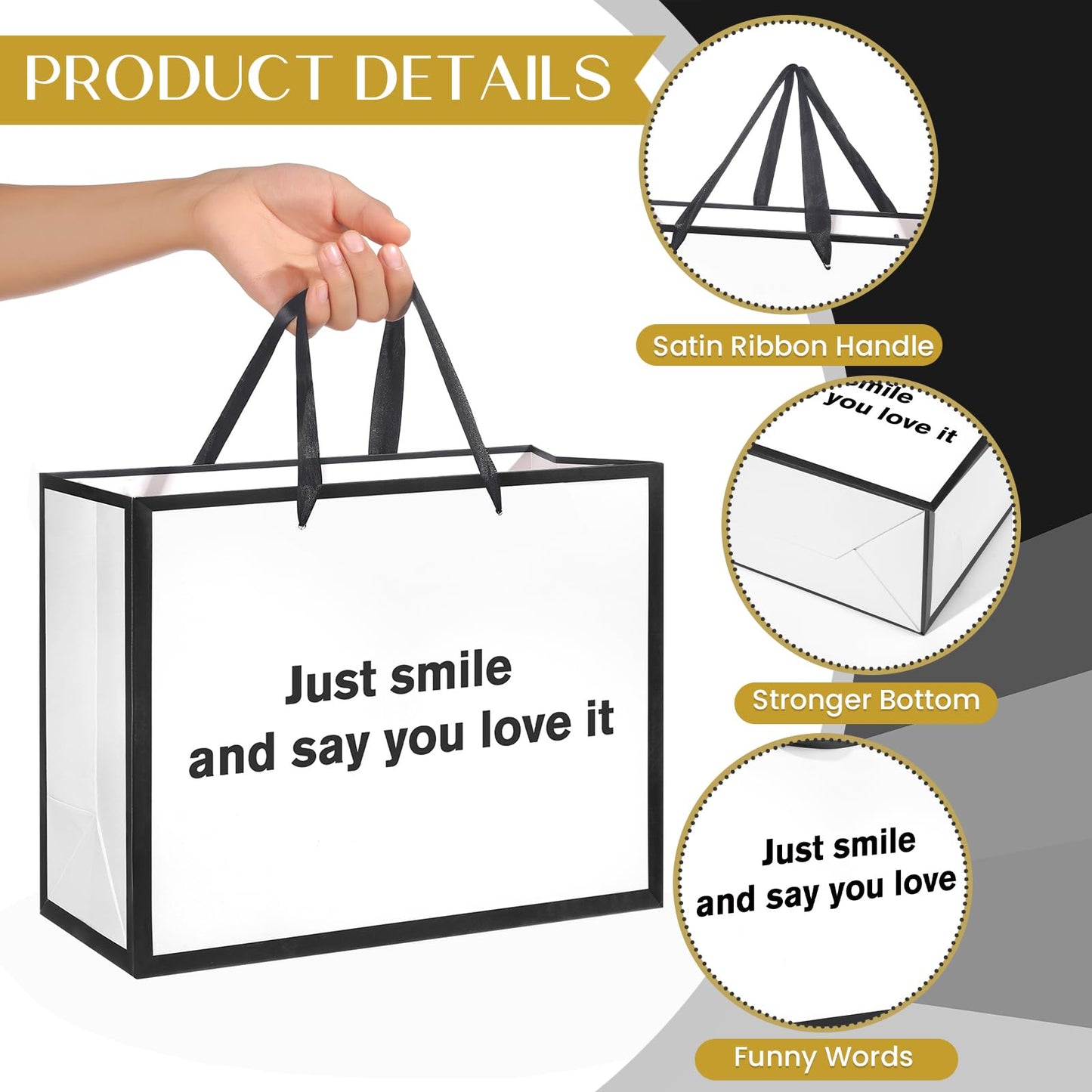 White Funny Gift Bag Just Smile and Say You Love It Gag Gift Bag with Tissue Paper and Greeting Card Inappropriate Snarky Funny Birthday Gift Wrapping Bags for Office Coworker Best Friend Men Women