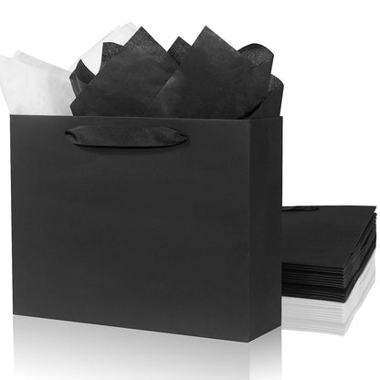 6 Pack Medium 10.5"x4"x8.1" Black Gift Bags with Tissue Papers, Kraft Shopping Bags with Ribbon Handles, Retail Wrapping Set for All Occasions
