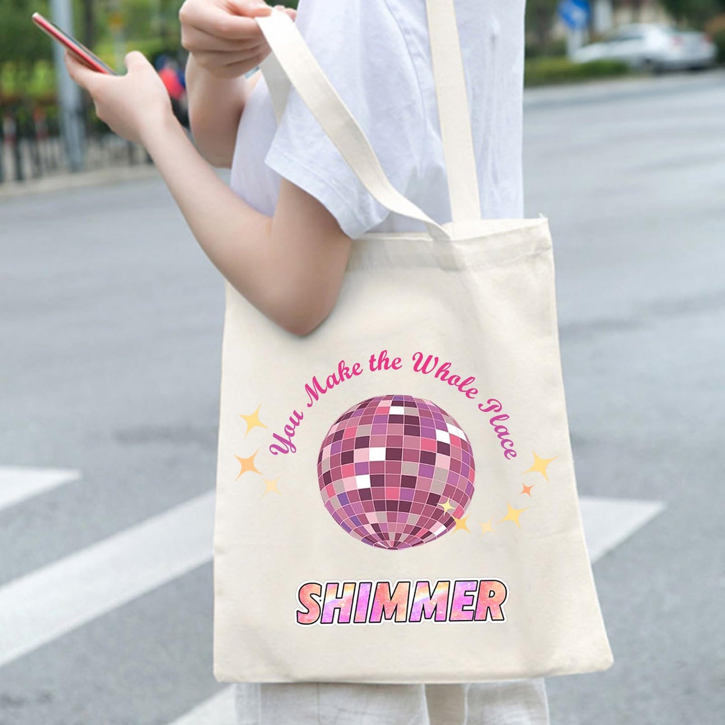 Canvas Tote Bag for Women, Cute Tote Bag, Music Lovers Singer's Merch Present, You Make The Whole Place Shi.m.mer, Aesthetic Large Capacity Foldable Storage Bags, Reusable Casual Grocery Bag