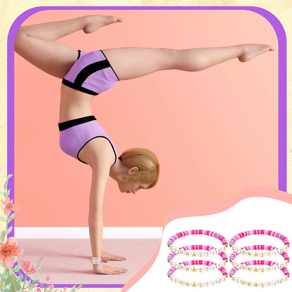 Huquary 24 Pcs Gymnastics Bracelets Gifts Gymnastics Party Favor Bulk Gymnast Clay Beaded Bracelets Sports Team Jewelry for Women Sport Team Fan Gymnast Birthday Party Favors