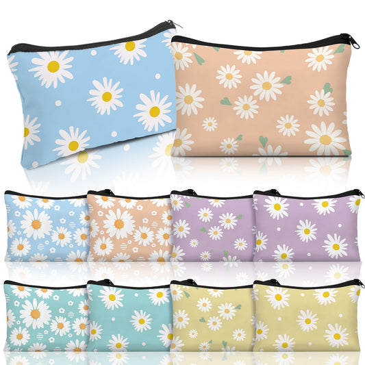 Kacctyen 10 Pcs Daisy Canvas Zipper Pouch Makeup Bags Bulk Theme Floral Cosmetic Bag Colorful Portable Mini Pouch for Women Teacher Mom Gift Travel Spring Toiletry Storage Organizer
