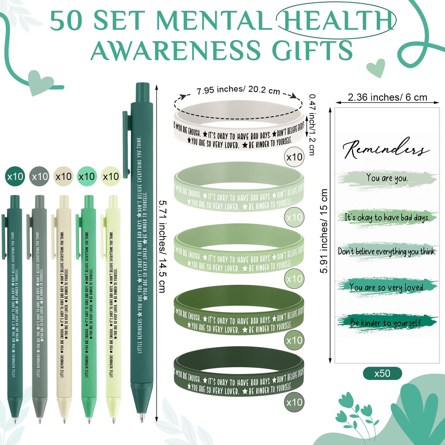 Feifeiya 50 Set Inspirational Mental Health Awareness Gift Mental Health Bracelet Wristbands Green Awareness Motivational Pens Positive Affirmation Bookmarks for Counseling School Counselor Gift
