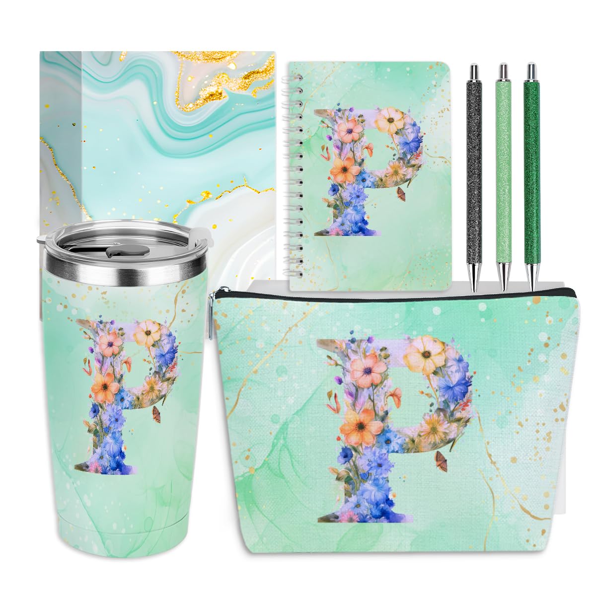 Personalized Gifts Monogrammed Birthday Gifts for Women, Mommy, Female Going Away Christmas, Initial 20 oz Tumbler, Makeup Cosmetic Bag Cup Pens Journal Notebook 6 Set, (Aesthetic Green Flower P)