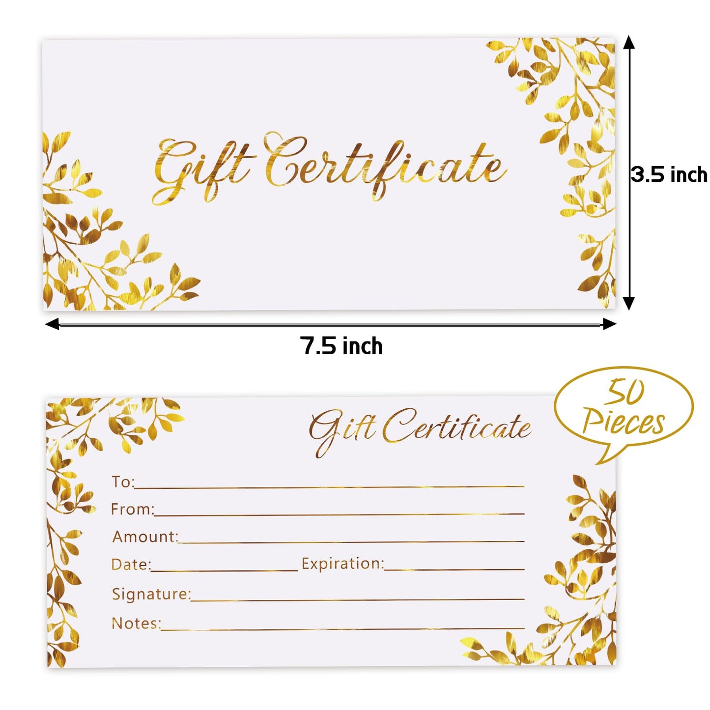 Blank Gift Certificates 50 Pcs Generic Certificate Cards Vouchers Gold Blank Cards Coupon Card for Business, Beauty Salon,Restaurant,Wedding Bridal,Birthday Holder,3.5 x 7.5 Inch
