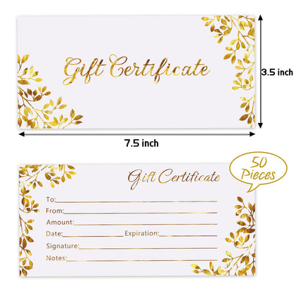 Blank Gift Certificates 50 Pcs Generic Certificate Cards Vouchers Gold Blank Cards Coupon Card for Business, Beauty Salon,Restaurant,Wedding Bridal,Birthday Holder,3.5 x 7.5 Inch