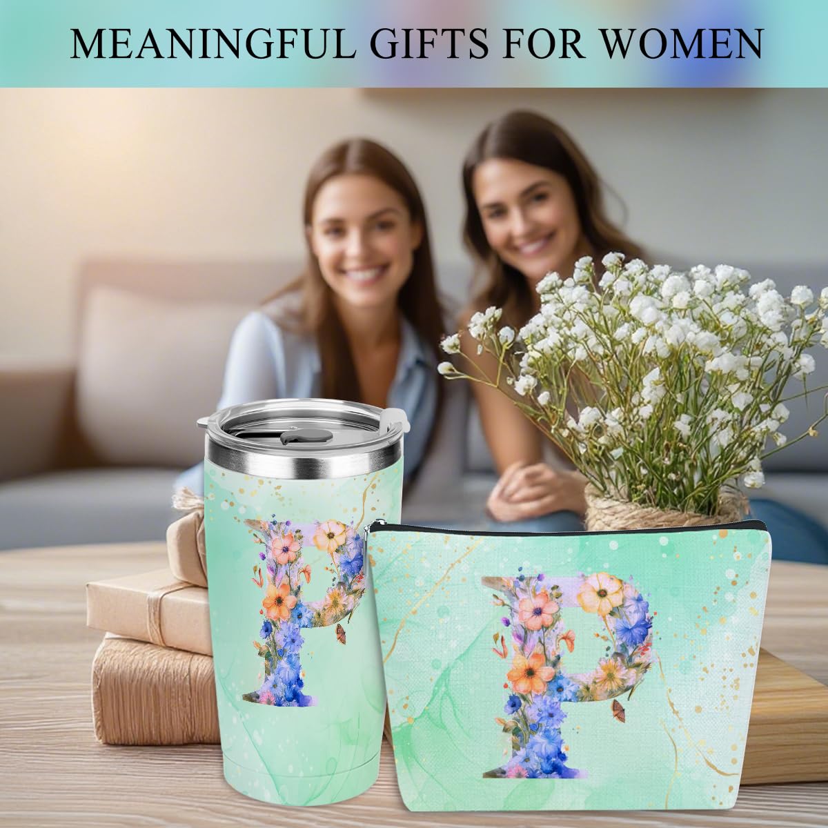 Personalized Gifts Monogrammed Birthday Gifts for Women, Mommy, Female Going Away Christmas, Initial 20 oz Tumbler, Makeup Cosmetic Bag Cup Pens Journal Notebook 6 Set, (Aesthetic Green Flower P)