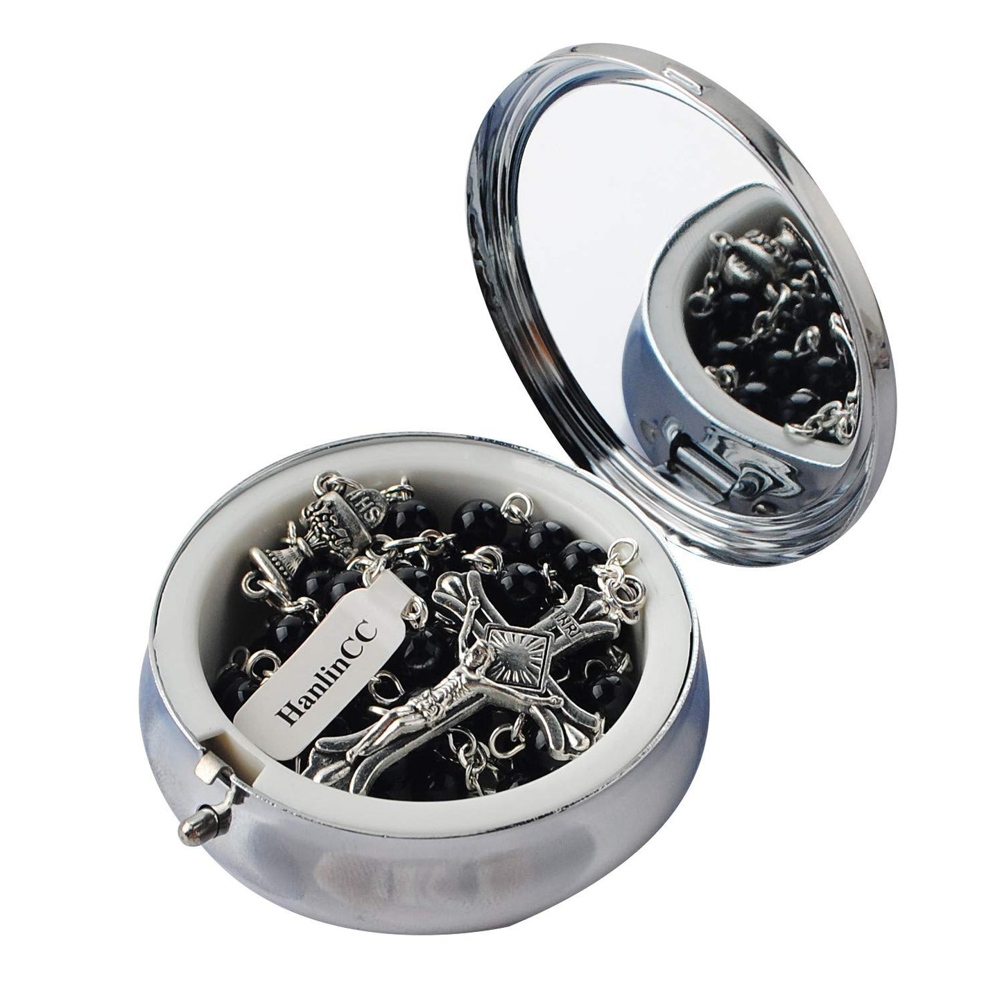 HanlinCC 6mm Glass Pearl Prayer Beads First Communion Rosary with Chalice Center Piece and Crucifix in Anti-Silver Plated Pack in Holy Cup Metal Gift Box