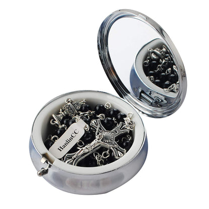 HanlinCC 6mm Glass Pearl Prayer Beads First Communion Rosary with Chalice Center Piece and Crucifix in Anti-Silver Plated Pack in Holy Cup Metal Gift Box