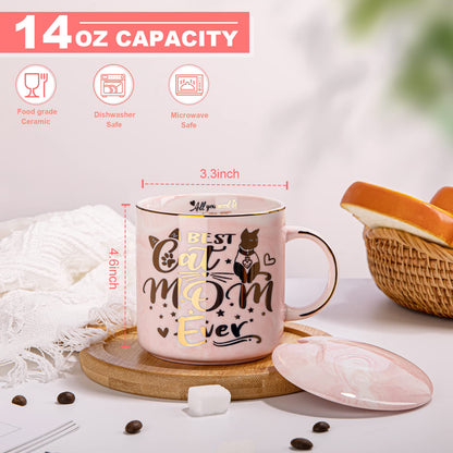 Cat Mom Gifts for Women, Cat Gifts for Cat Lovers - Best Cat Mom Ever - 14oz Pink Ceramic Marble Gold Pattern Coffee Mug with Gift Box, Christmas gifts for Crazy Cat Lady, Mom Wife Daughter Friends