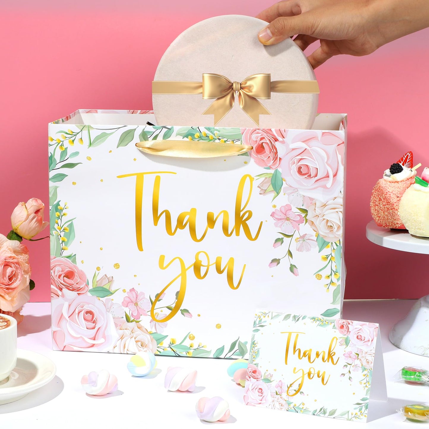We Appreciate You Gift Bag Floral Thank You Gift Bag with Tissue Paper Greeting Card Appreciation Gifts Wrapping Paper with Handle for Business Retirement Wedding Teacher Birthday Party Supplies