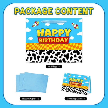 Reyoust 13" Large Toy Gift Bag with Card and Tissue Paper Toy Inspired Story Present Bag for Happy Birthday Blue Cartoon Party Decorations 1Pcs 13" L x 10.2" H x 4.9" D