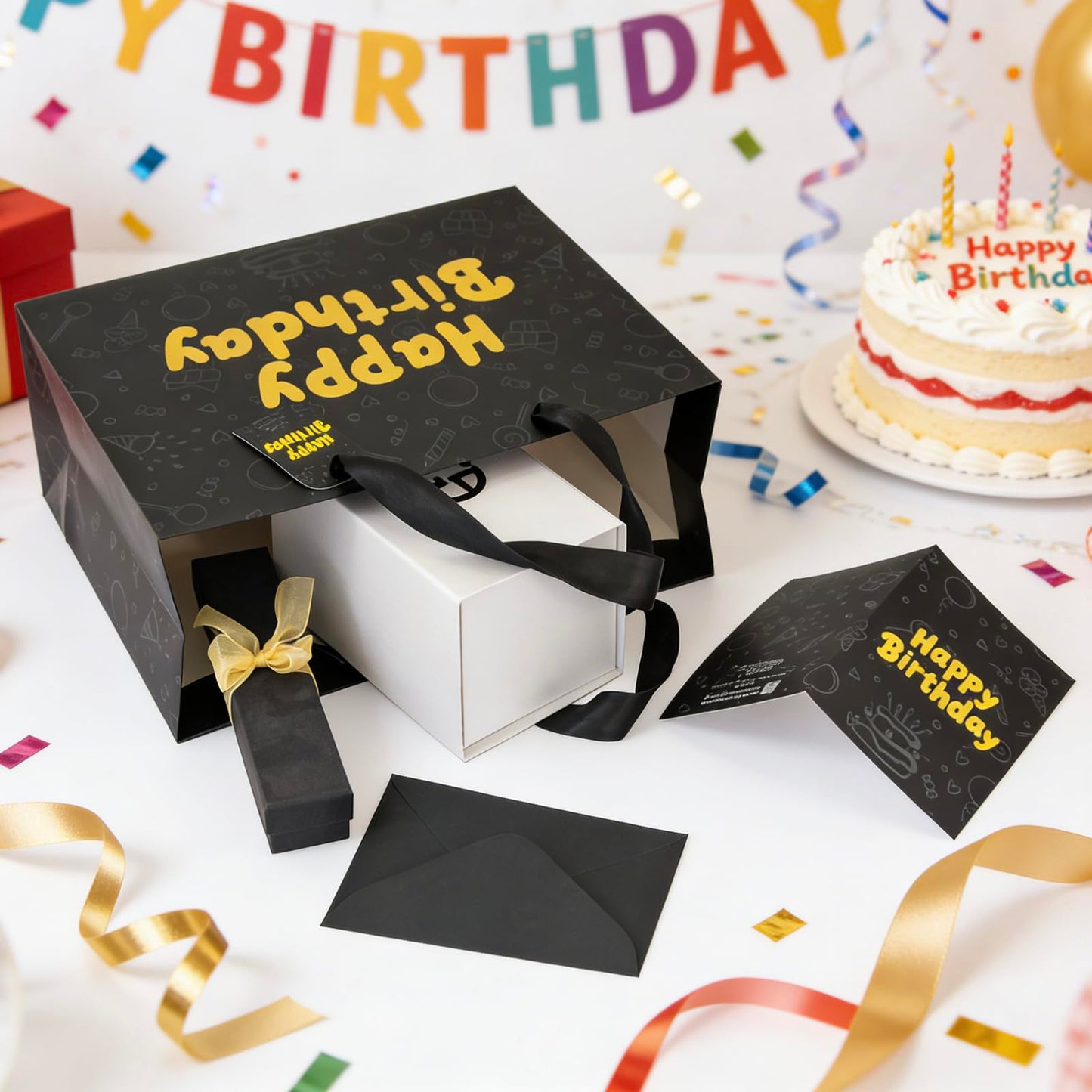 FOREVER 7 STAR Black Happy Birthday Gift Bag With Handles Tissue Papers and Greeting Card,13 Inch Medium Size for Birthday Perfect for Men,Dad,Boy