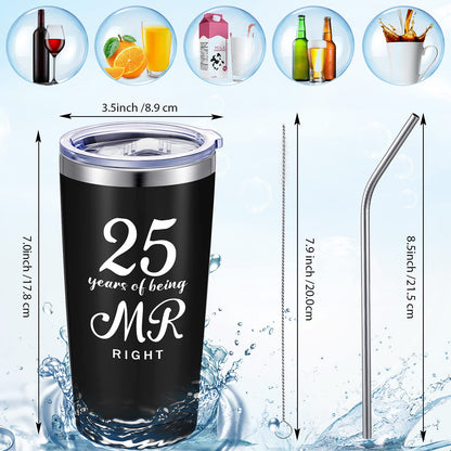 Cunhill 2 Pcs Mr. Right Mrs. Always Right Travel Tumbler Set 20 oz Wedding Engagement Anniversary Travel Mug for Husband Wife Newlywed Couples Bride Groom Anniversary(25th Tumbler)