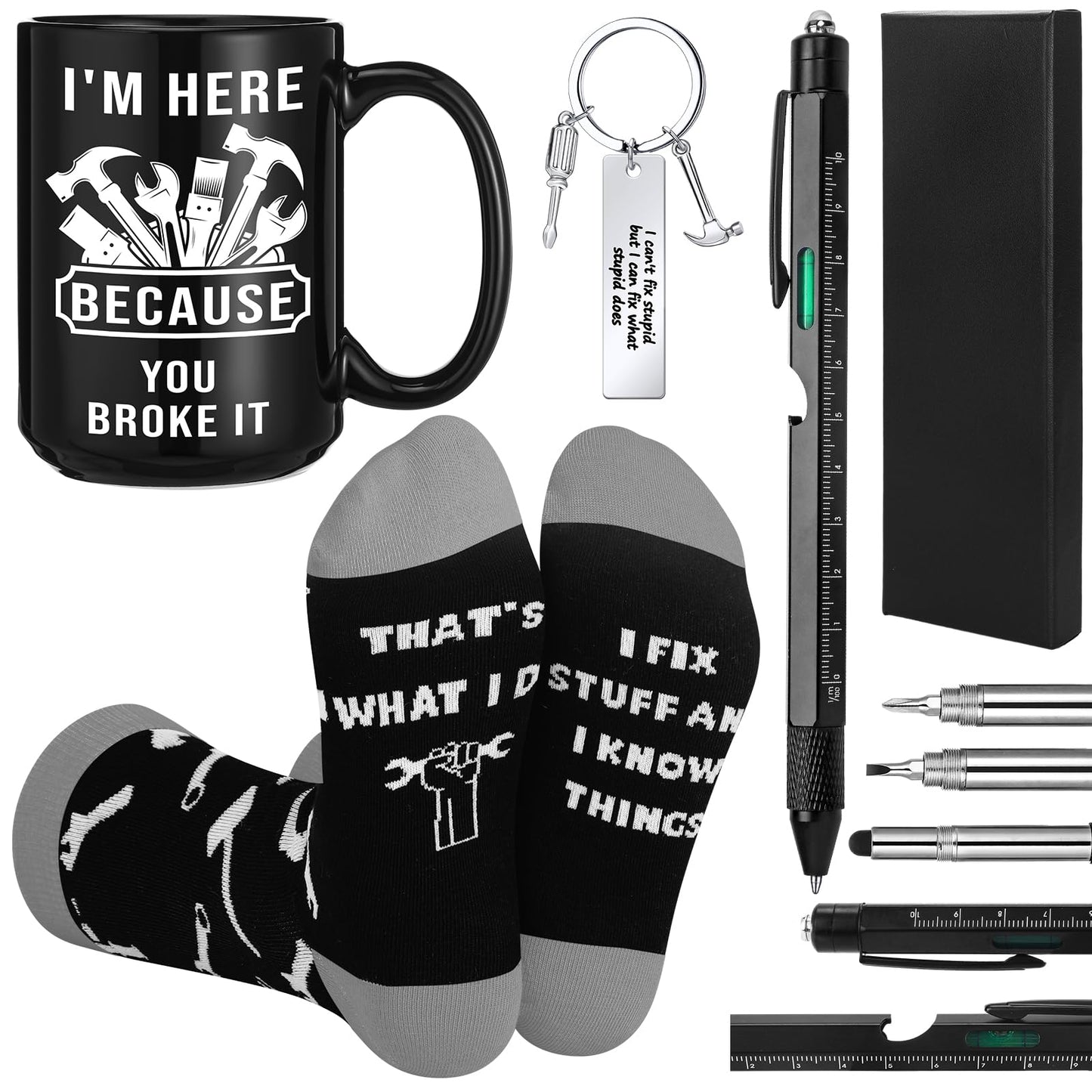 Panitay 4 Pcs Maintenance Man Gift Set for Men 9 in 1 Multi Tool Pen 14 oz Repair Worker Coffee Mug Keychain Sock Funny Christmas Birthday Appreciation Gift for Mechanic Engineer Handyman Carpenter