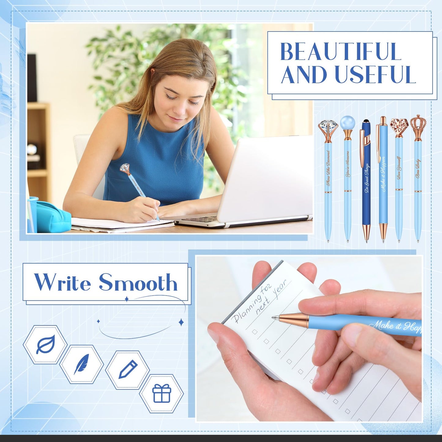 Qeeenar 6 Pcs Fancy Pens for Women Crystal Diamond Pen for Journaling Pretty Glitter Ballpoint with Box Inspirational Gifts for Women Girls College Students Cute Back to School Gifts(Dark Blue)