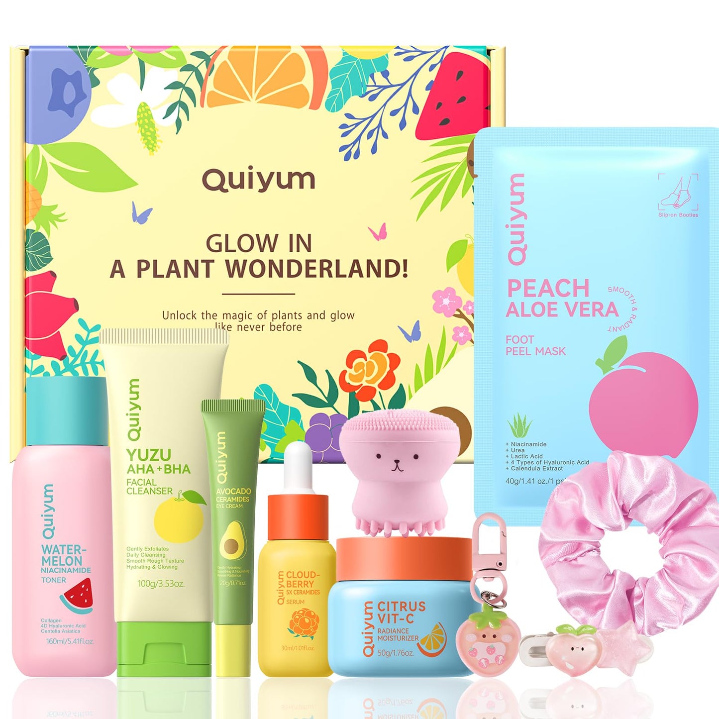 QUIYUM Fruit Skincare Gift Set - 10-in-1 Glow Routine + Cute Accessories, Hydrate, Glow, Strengthen Skin Barrier, All Skin Types, Ideal Gift for Teens Girls Women