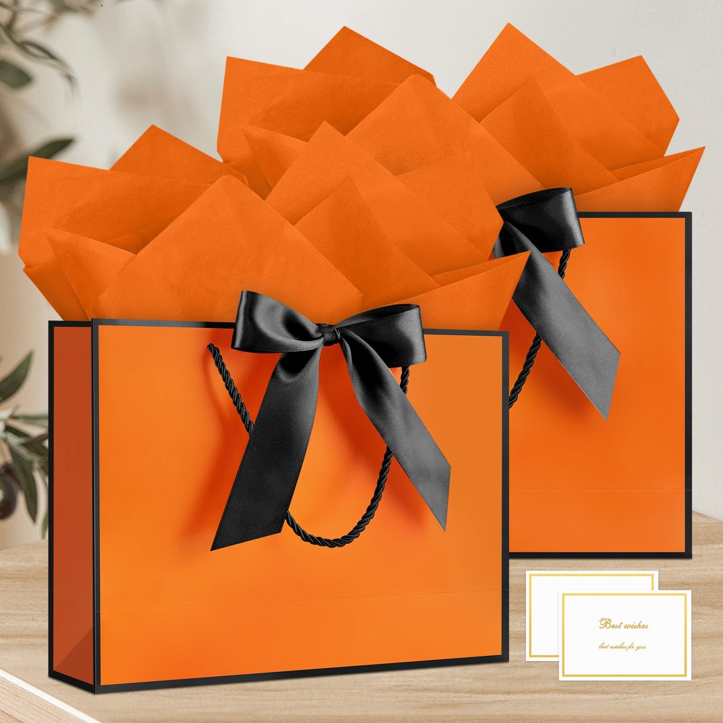 JMANNI Gift Bags with Handles, 13” Medium Gift Bag for Presents, 1 Pcs Bags with 2 Tissue Paper and 1 Cards for Graduation Baby Shower Wedding Fathers Day Mother's Day Birthday Party (Orange-Black