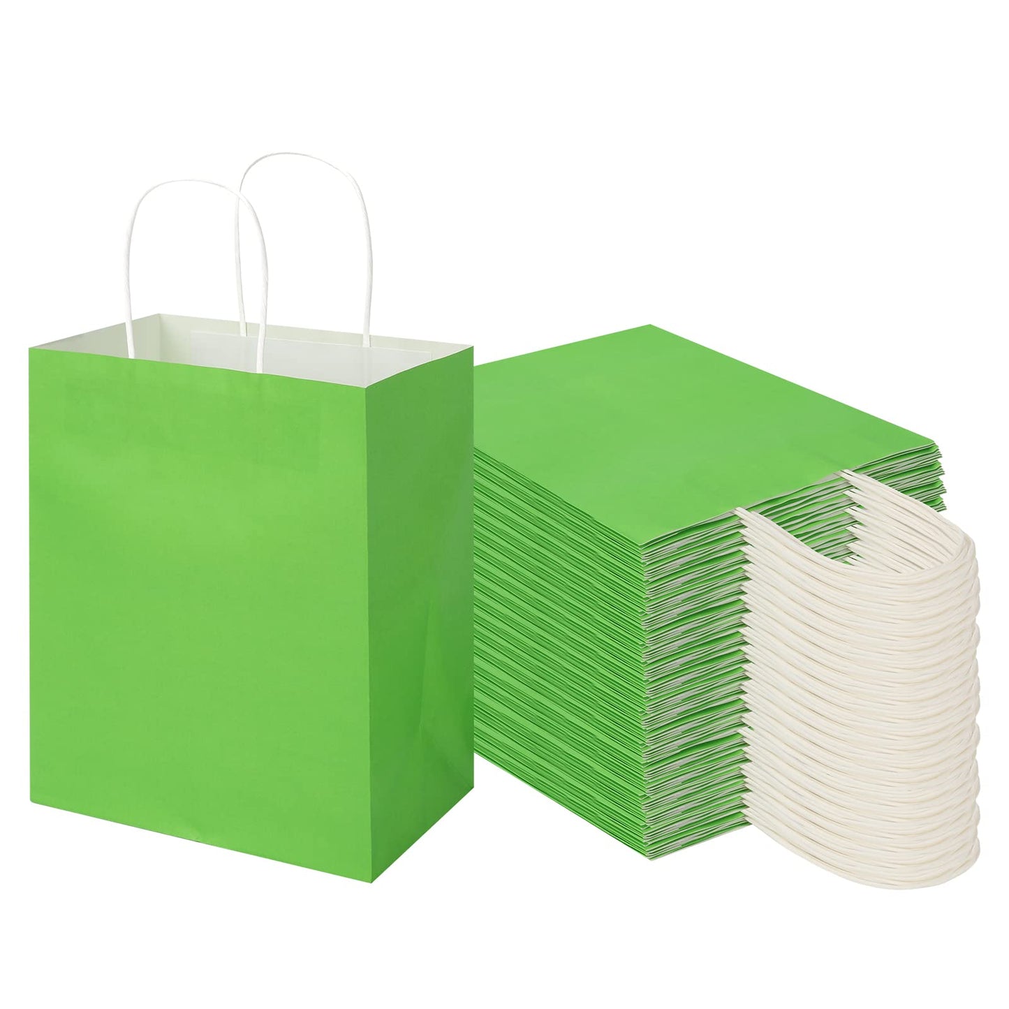 Toovip 100 Pack 8x4.75x10 Inch Medium Grass Green Kraft Paper Bags with Handles Bulk, Gift Wrap Bags for Favors Grocery Retail Party Birthday Shopping Business Goody Craft Merchandise Take Out Sacks