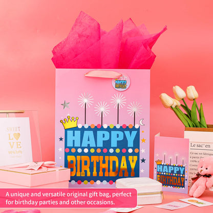 Powbrace 13" Pink Happy Birthday Bag with Tissue Paper and Greeting Card for Party, Happy Birthday Gift Bag for Girls, Kids, Women,Gift Bags Medium size(1 PCS Pink, Gift Bag)