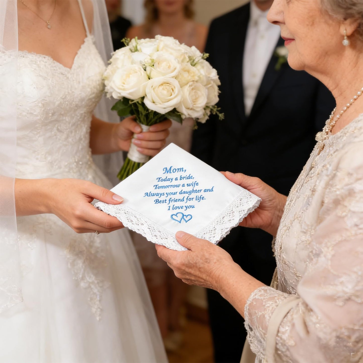 Wedding Handkerchiefs Something Blue for Bride, Mother Of The Bride Gifts Embroidered Lace Keepsake Bridal Hankies