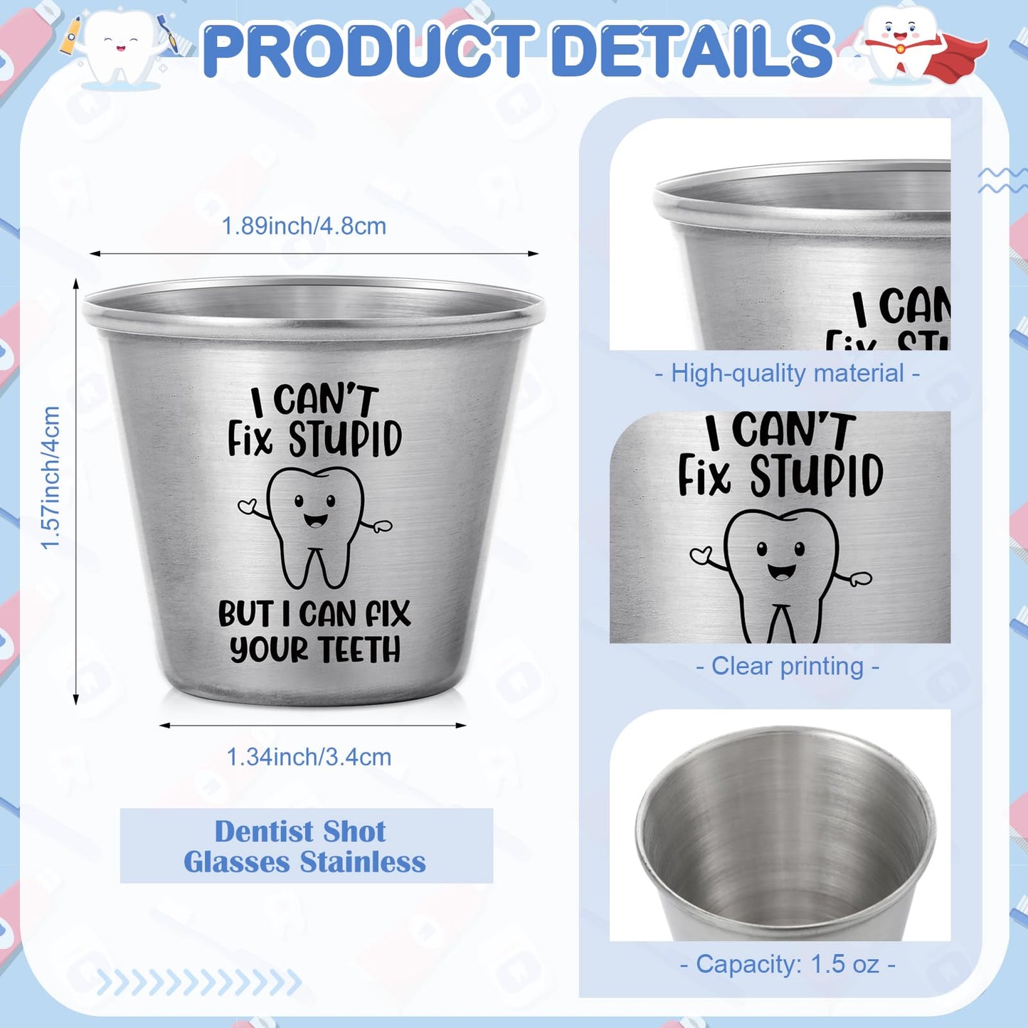 Roshtia 10 Sets Dental Assistant Gifts Bulk Graduation Orthodontic Health Staff Appreciation Funny Dentist End of School Year Tooth Shot Glasses Stainless Steel Tumbler Fix Your Teeth Cups with Cards