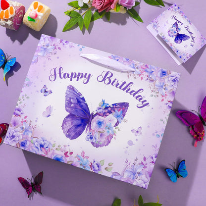 LUUFILx Butterfly Birthday Gift Bag for Girls Women Butterfly Flower Party Favor Bags with Wrapping Paper Card Purple Pink Floral Gift Bag for Baby Shower Birthday Decorations Party Supplies (Purple)