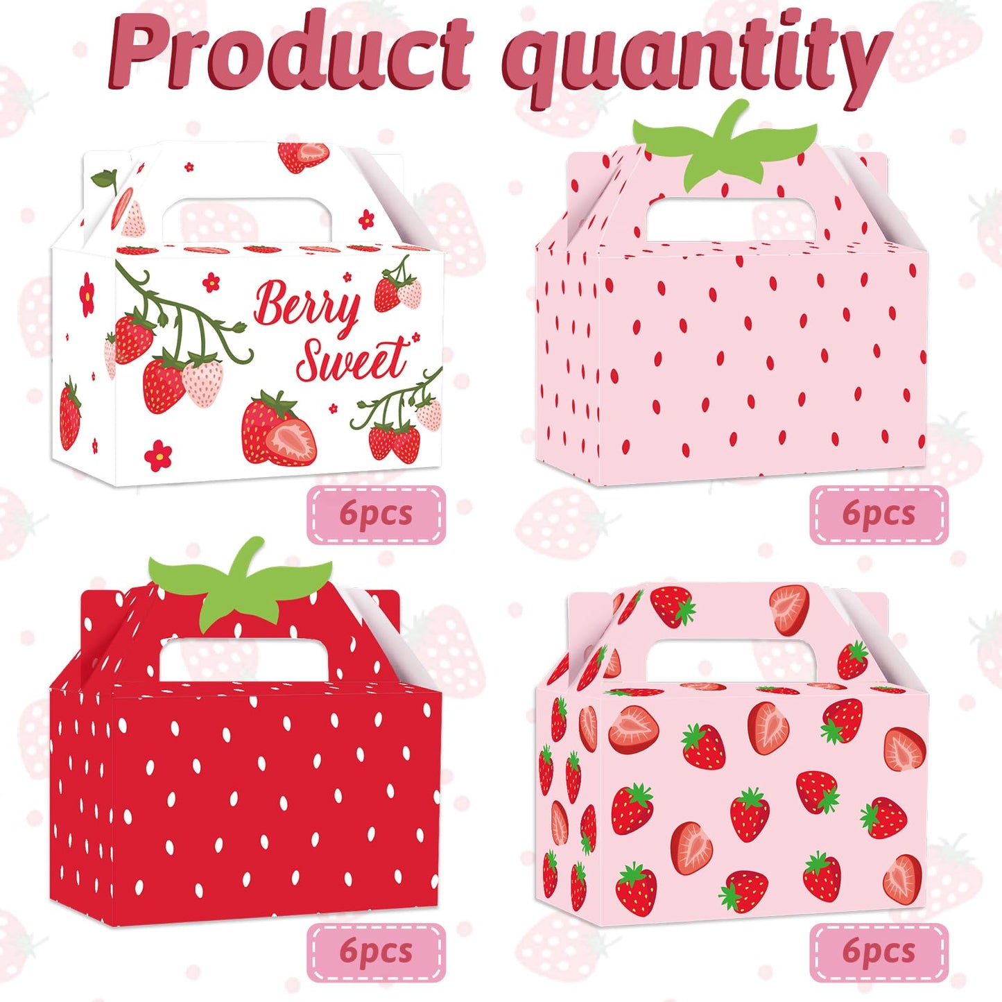GRADESIN Strawberry Box for Party Favors, 24 Pcs Strawberry Gift Candy Treat Boxes Bags for Berry First Birthday Baby Shower Party Decor Supplies, 6.3 x 3.2 x 3.9 Inch
