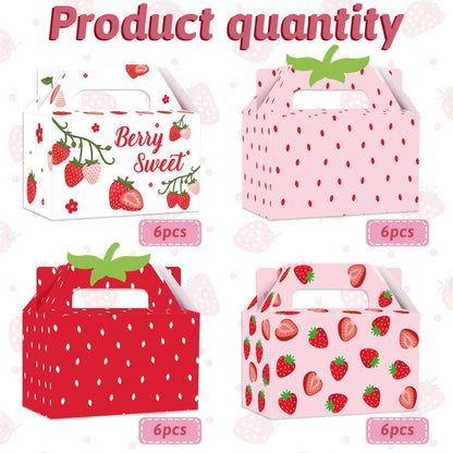 GRADESIN Strawberry Box for Party Favors, 24 Pcs Strawberry Gift Candy Treat Boxes Bags for Berry First Birthday Baby Shower Party Decor Supplies, 6.3 x 3.2 x 3.9 Inch