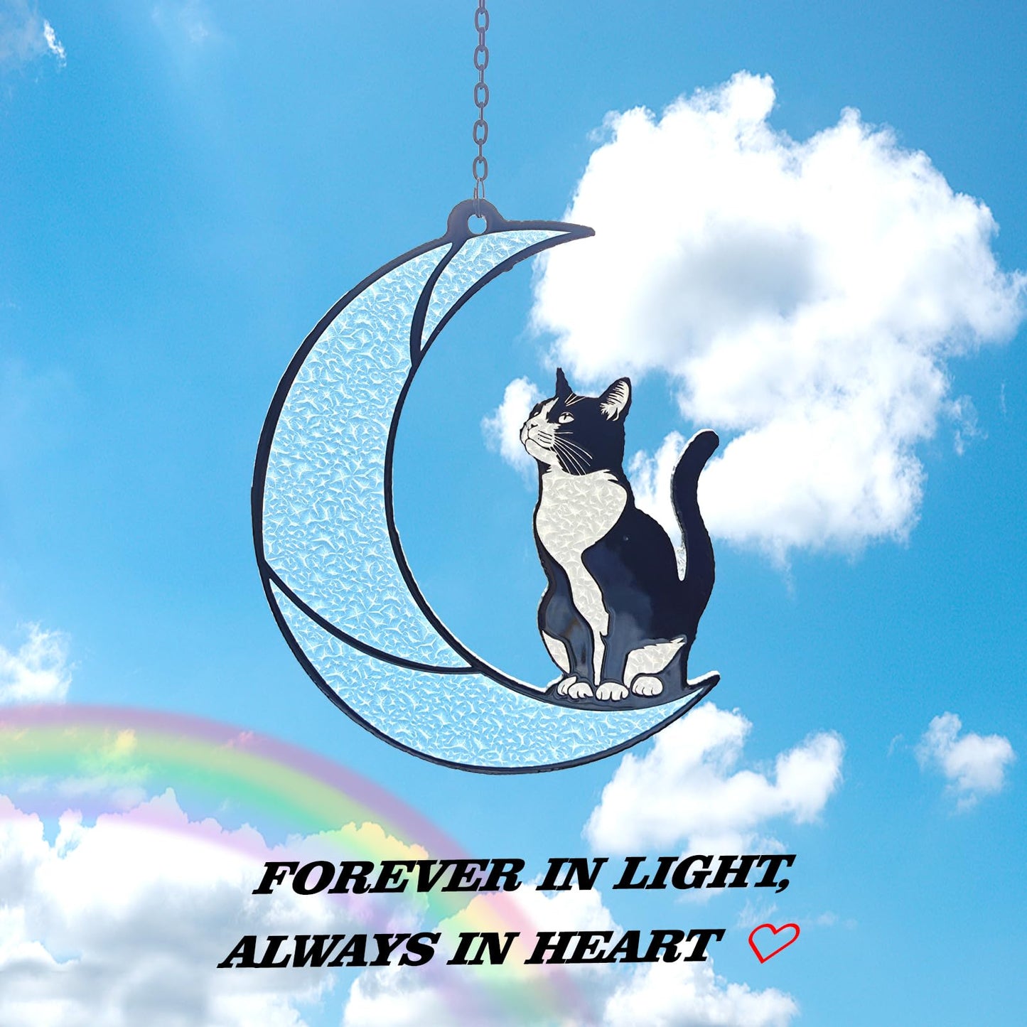 Black and White Cat Moon Suncatcher - Cat Loss Sympathy Gift, Tuxedo Stained Glass Hanging Ornament for Memorial Home Decor
