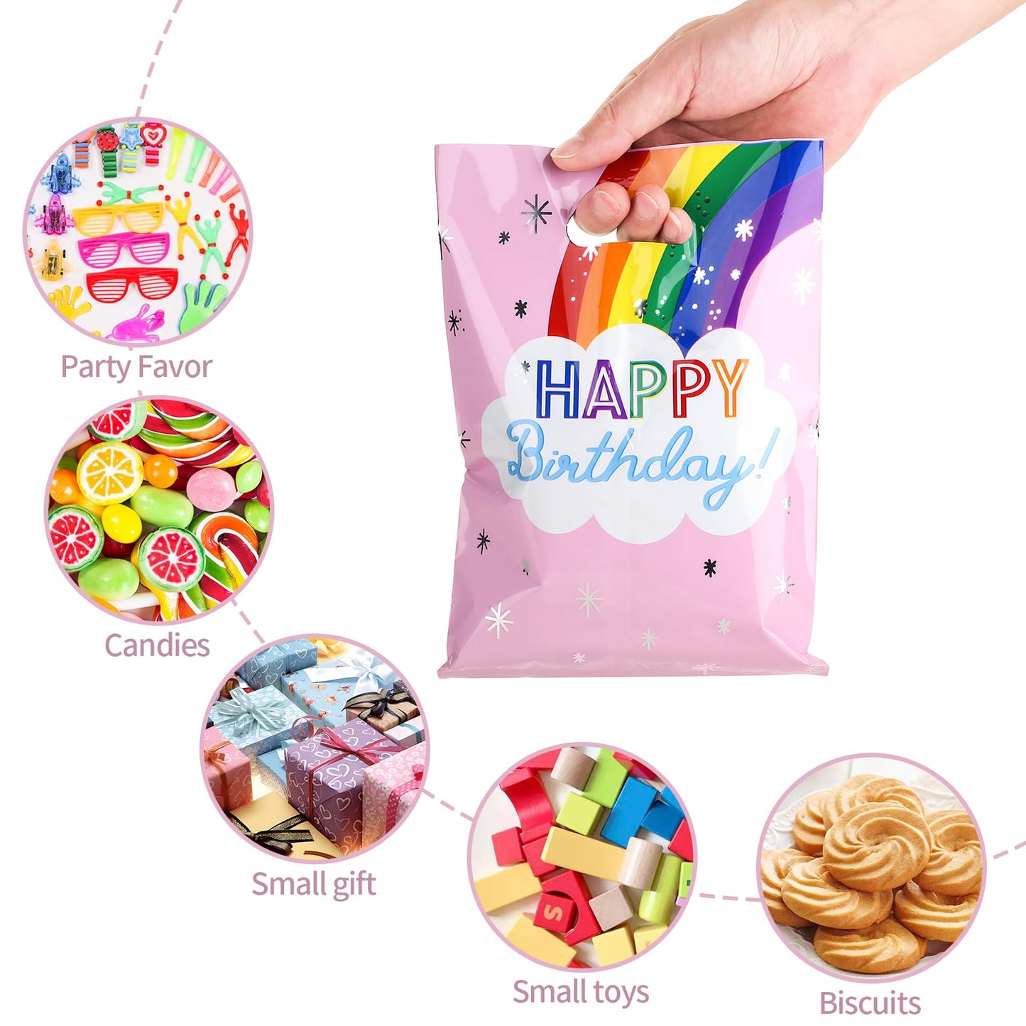 SnortleSnap 40Pcs Rainbow Birthday Party Favor Bags, Rainbow Party Theme Gift Bags， 6.7 x 9.8 Inch Plastic with Handle