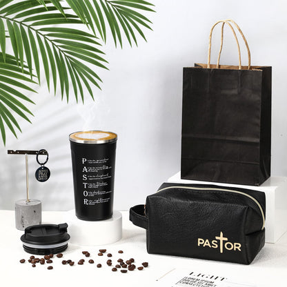 Roshtia 3 Pcs Pastor Appreciation Gift for Men Christian Ordination Gift Ministers Religious Inspirational 17oz Stainless Steel Tumbler with Lid Leather Toiletry Bag Keychain for Fathers Dad Husband