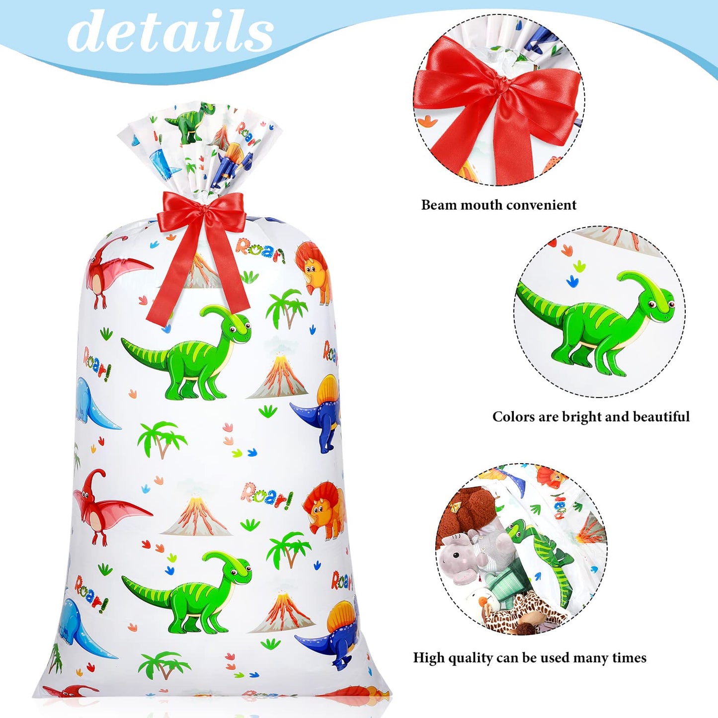 Teling 2 Pcs Large Dinosaur Plastic Gift Bags 70"x 40" Oversized Plastic Storage Bags with 2 Rolls Ribbons for Birthday Party, New Parents Shower, Bicycle Bike, Holiday