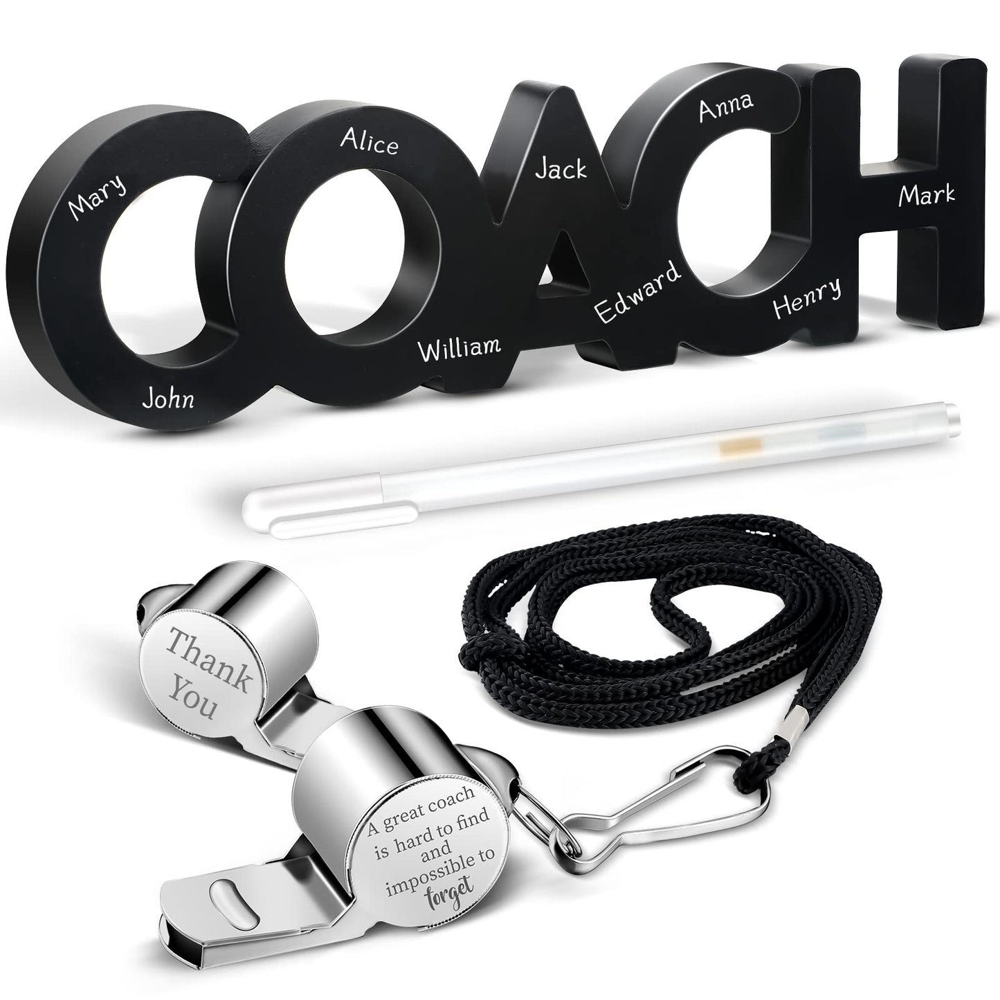 Yalikop 3 Pcs Coach Gifts Football Coach Wood Sign Thank You Whistle Marker Pen Stainless Steel Whistle with Rope for Men Women Soccer Baseball Volleyball Sports Gifts
