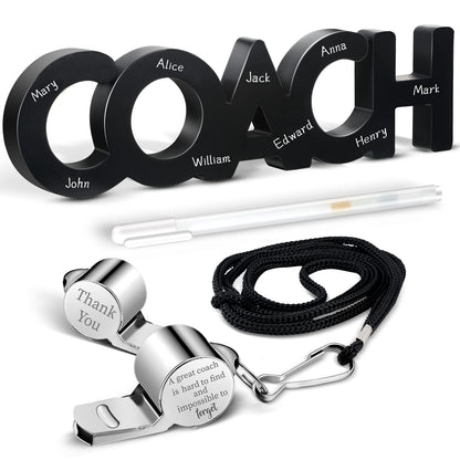 Yalikop 3 Pcs Coach Gifts Football Coach Wood Sign Thank You Whistle Marker Pen Stainless Steel Whistle with Rope for Men Women Soccer Baseball Volleyball Sports Gifts