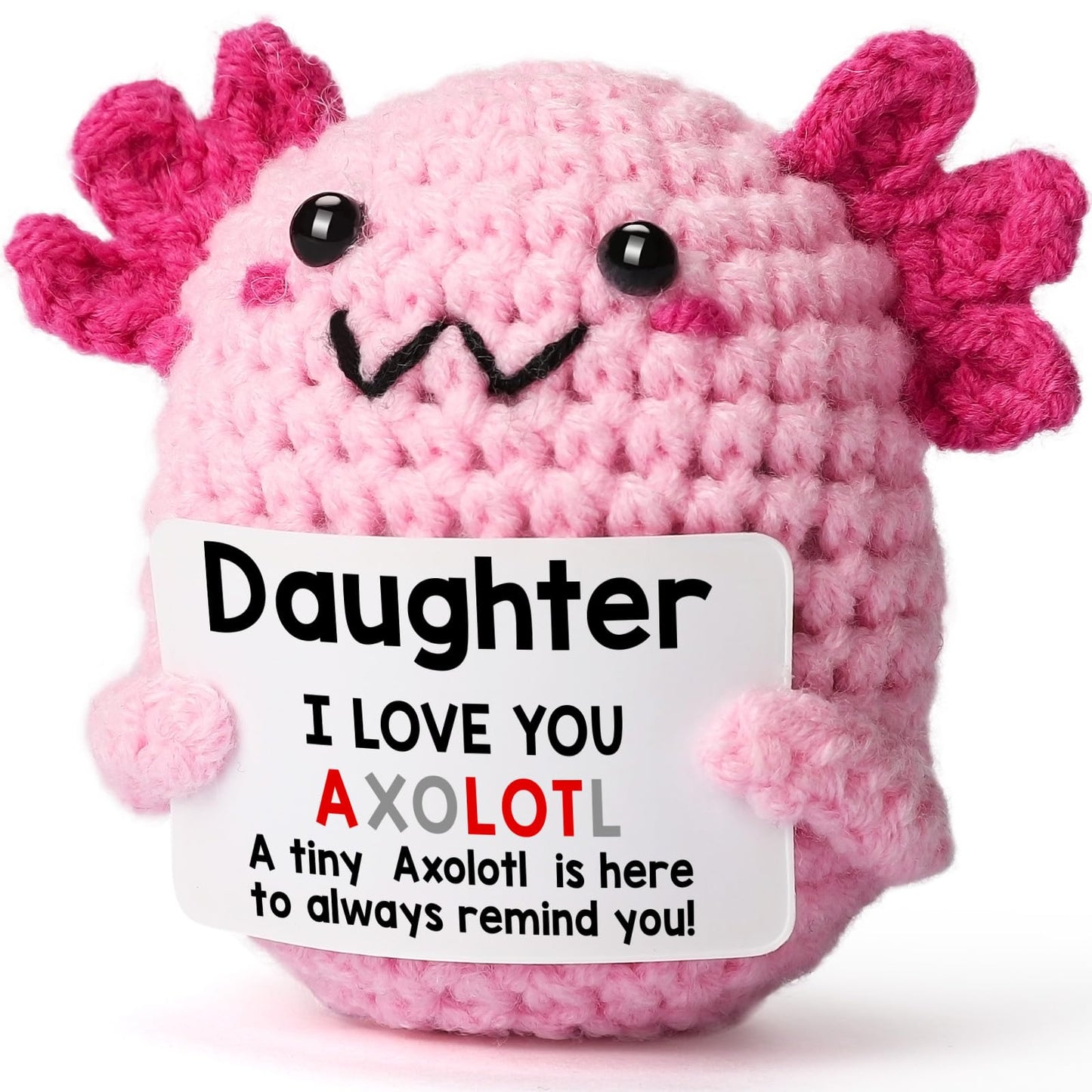 Daughter Gifts from Mom on Mothers Day, Handmade Crochet Axolotl Plush with I Love You Sign, Teen Girl Trendy Stuff, Birthday Christmas Valentines Easter Basket Stuffers for Tweens Kid