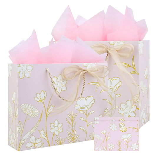 Vkkperp 2Pcs 12.6" Large Light pink Gift Bags Set with Handles including Tissue Paper Envelope Sticker Greeting Card and Bow Ribbon for Wedding Party, Birthday, Mother’s Day, Valentine's Day