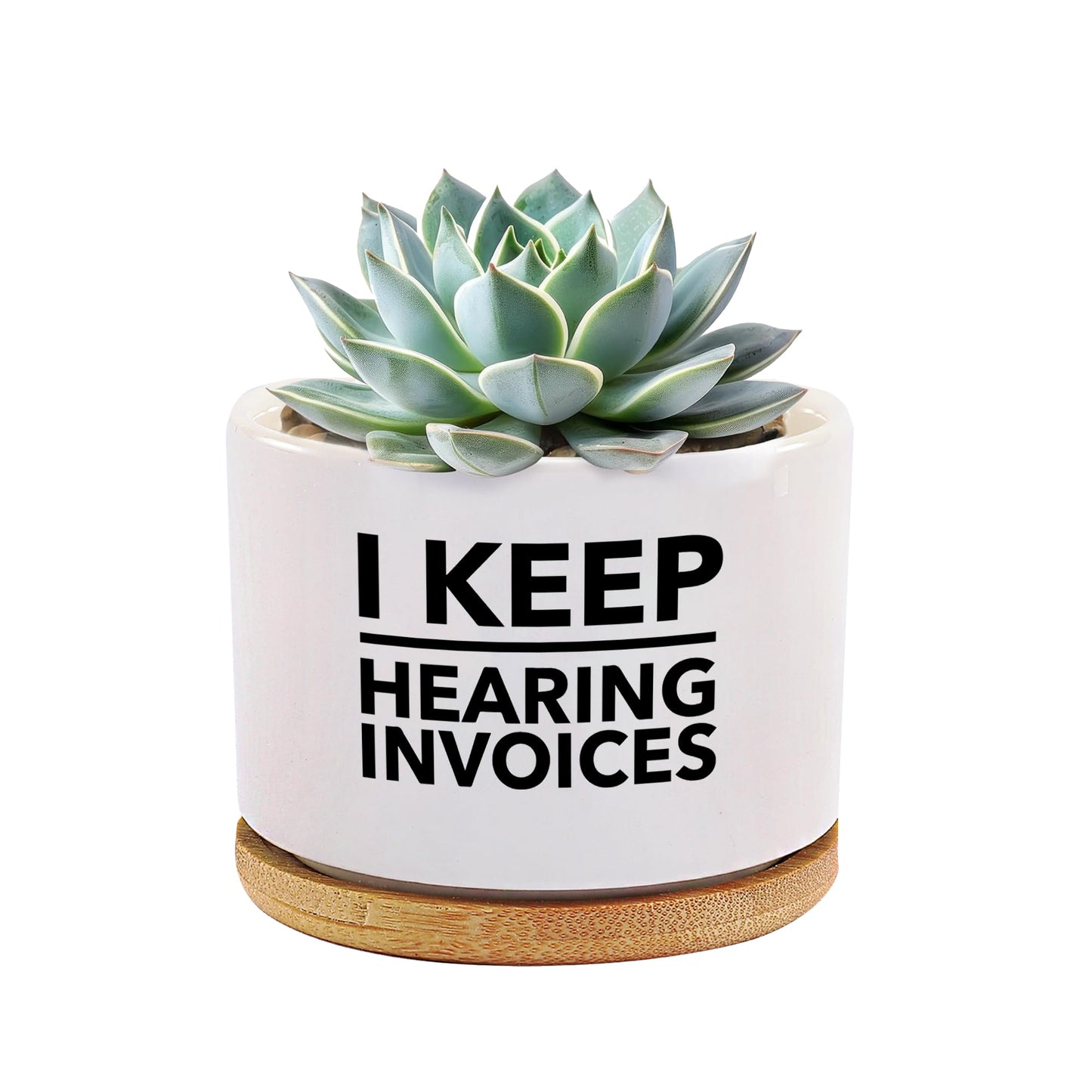 I Keep Hearing Invoices Accountant Gifts for Accounting Student Graduation Gifts CPA Bookkeeper Ceramic Succulent Plant Pot with Bamboo Tray Round Home Office Decor 3.5 Inch White (No Plants)