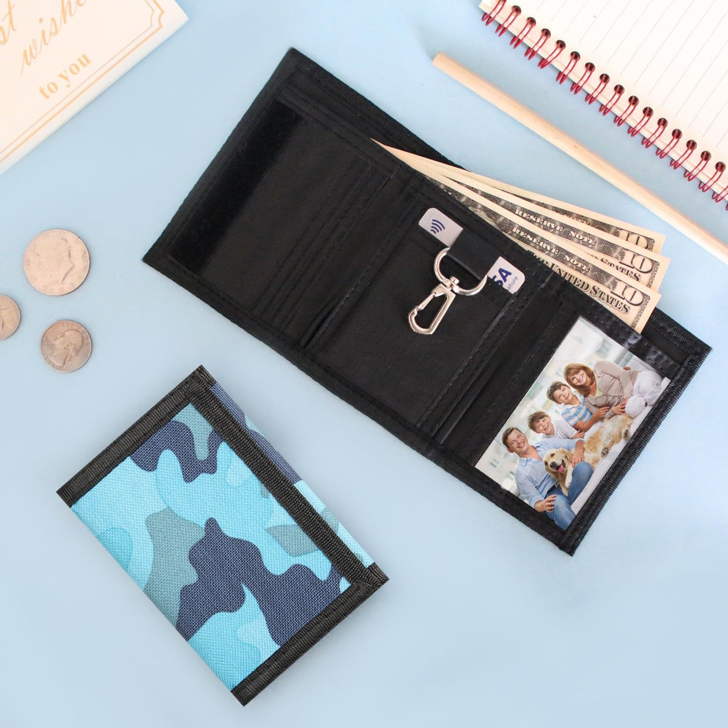 Kids Boys RFID Wallet with Magic Sticker, Teen Camo Nylon Wallet for Christmas/Birthday Gift Ideas (Camo Blue)