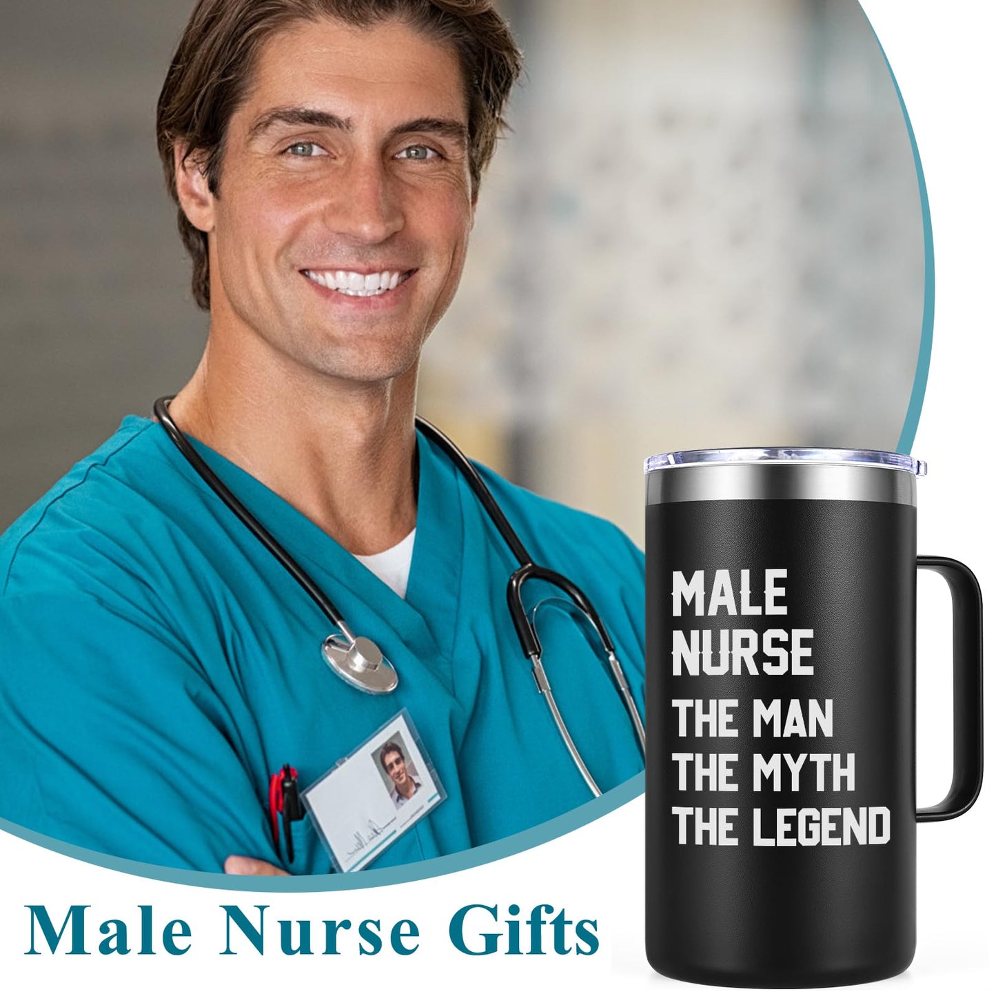 Lifecapido Male Nurse Gifts, The Man The Myth The Legend 20oz Stainless Steel Coffee Mug with Badge Reel Pen, Birthday Graduation Nurse Appreciation Gifts for Male Nurses, Black