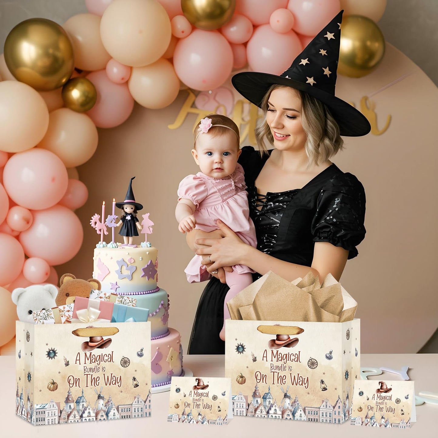 Magical Wizard Baby Shower Birthday Gift Bag for Baby Girls A Magical Bundle is On The Way Bag with Wrapping Paper Card Large Brown Castle Witch Gift Bag for Halloween Baby Shower Party Supplies