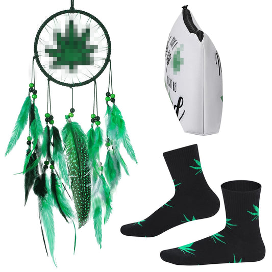 Wenqik 3 Pcs Green Leaf Gifts for Women, Friends, Mom, Green Enthusiasts Include Embroidery Dream Catcher, Makeup Zipper Bag, Stockings Cotton for Valentine Mind Birthday Christmas Party