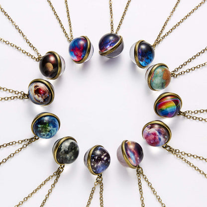 Yocoyee Galaxy Planet Pendant Necklace Glow in Dark Double Side Glass Crystal Ball Moon Earth Astronomy Universe Necklace Luminios Gemstone Necklace for Women Men Friends Gift