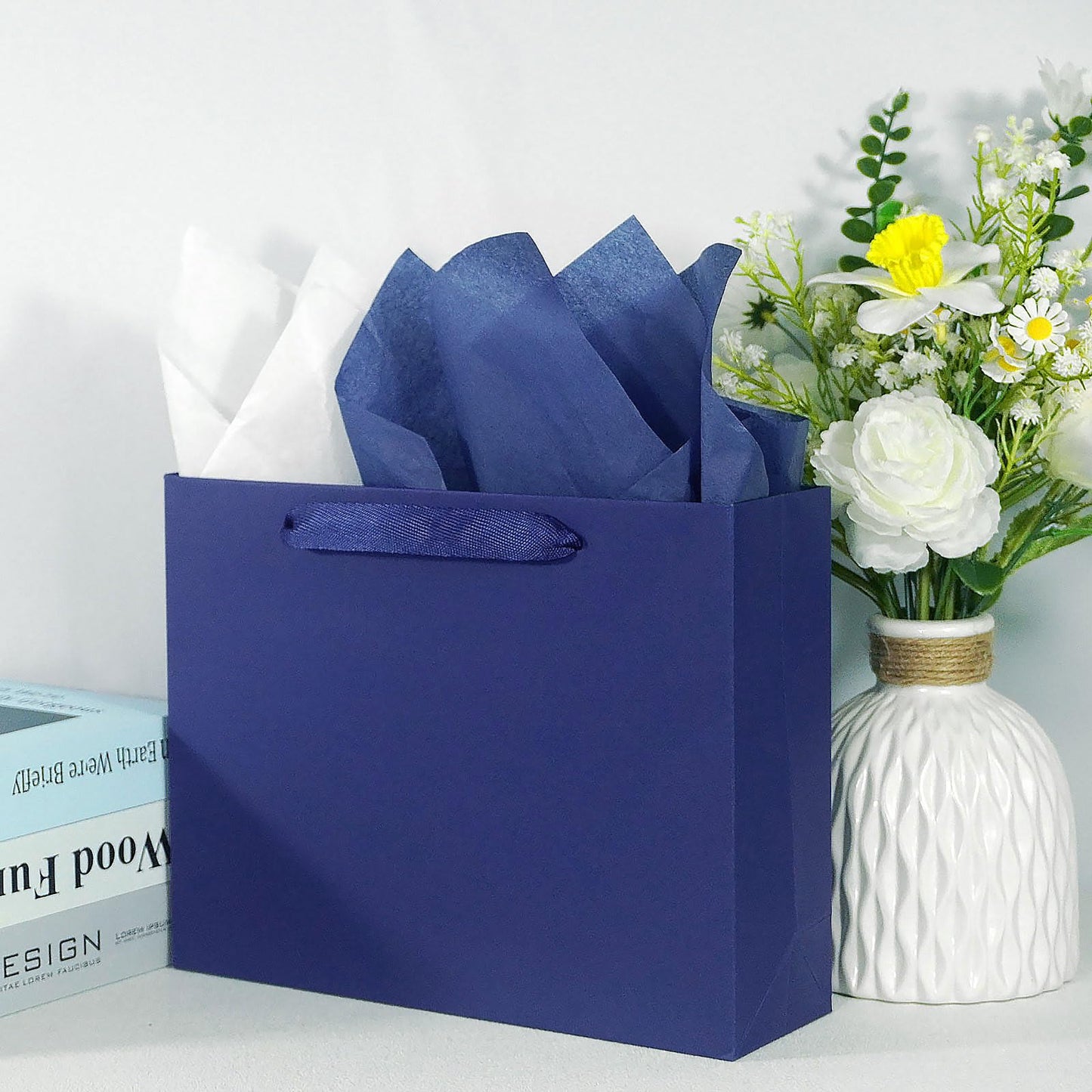Padiaet 6 Pack Medium 10.5"x4"x8.1" Blue Gift Bags with Tissue Papers, Kraft Shopping Bags with Ribbon Handles, Retail Wrapping Set for All Occasions