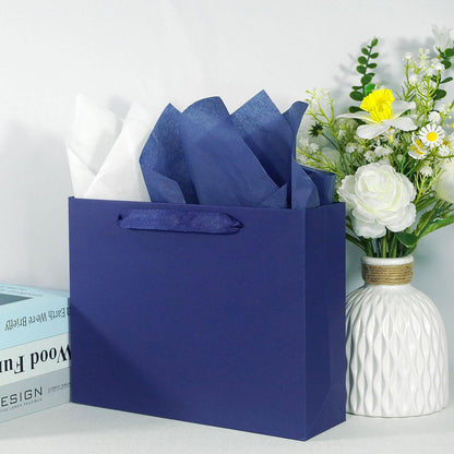 Padiaet 6 Pack Medium 10.5"x4"x8.1" Blue Gift Bags with Tissue Papers, Kraft Shopping Bags with Ribbon Handles, Retail Wrapping Set for All Occasions