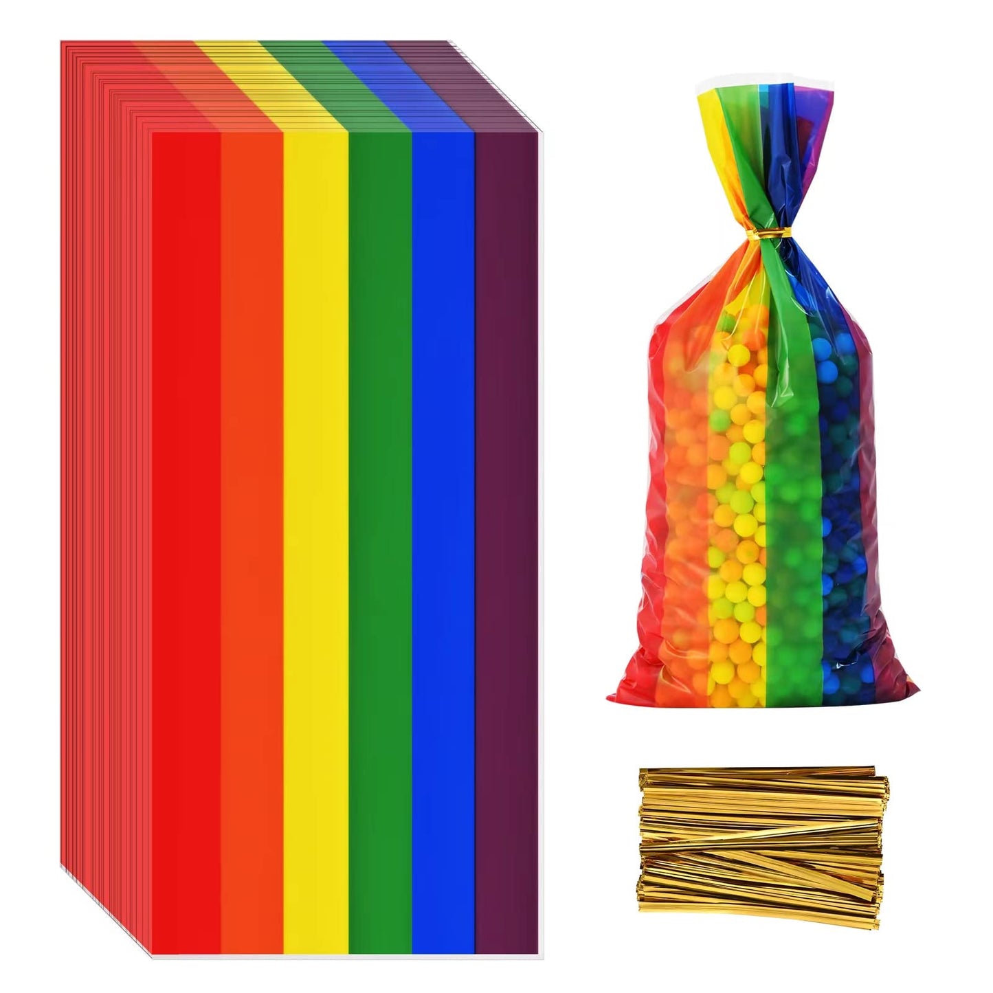 Lecpeting 100 Pcs Rainbow Treat Bags Rainbow Stripes Print Cellophane Candy Bags with Twist Ties for Baby Shower Birthday Party Supplies