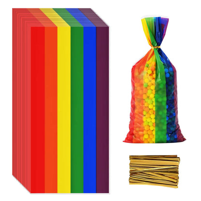 Lecpeting 100 Pcs Rainbow Treat Bags Rainbow Stripes Print Cellophane Candy Bags with Twist Ties for Baby Shower Birthday Party Supplies