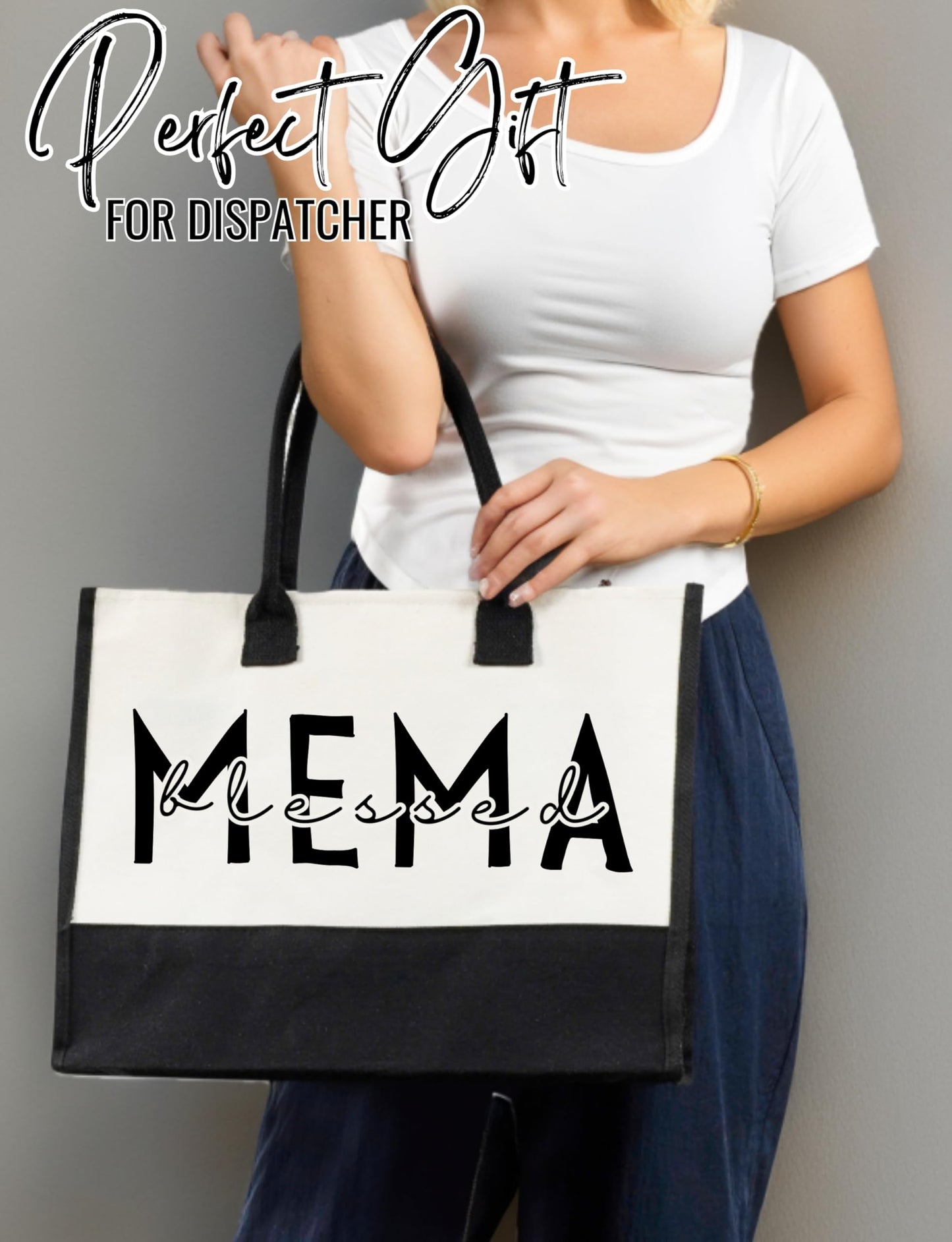 InnoBeta Mema Gifts for Grandma, Canvas Tote Bag on Christmas or Birthday & Mother's Day, Tote with Top Zipper Closure and Shoulder Strap - Blessed Mema